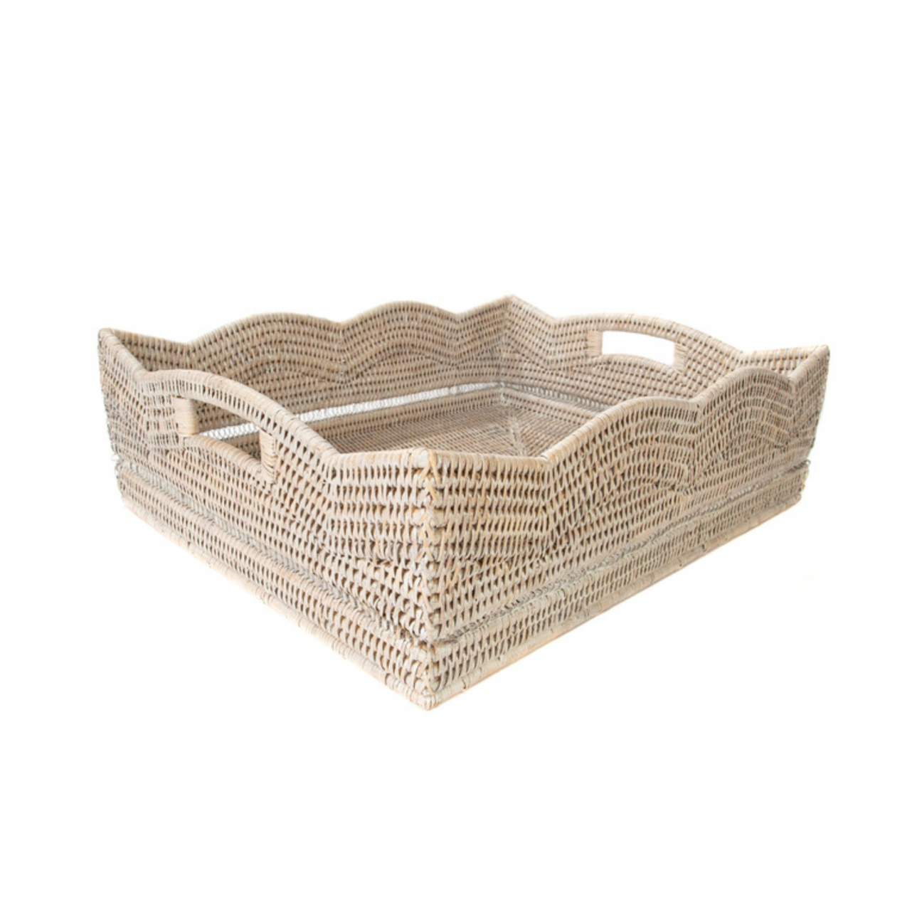 Rattan Scalloped Rectangular Tray 16"x10"x6", White Wash