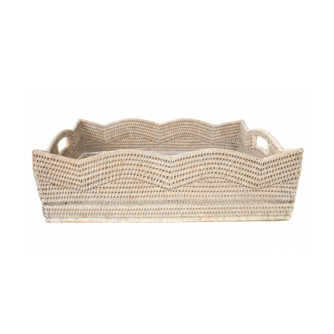 Rattan Scalloped Rectangular Tray 16"x10"x6", White Wash