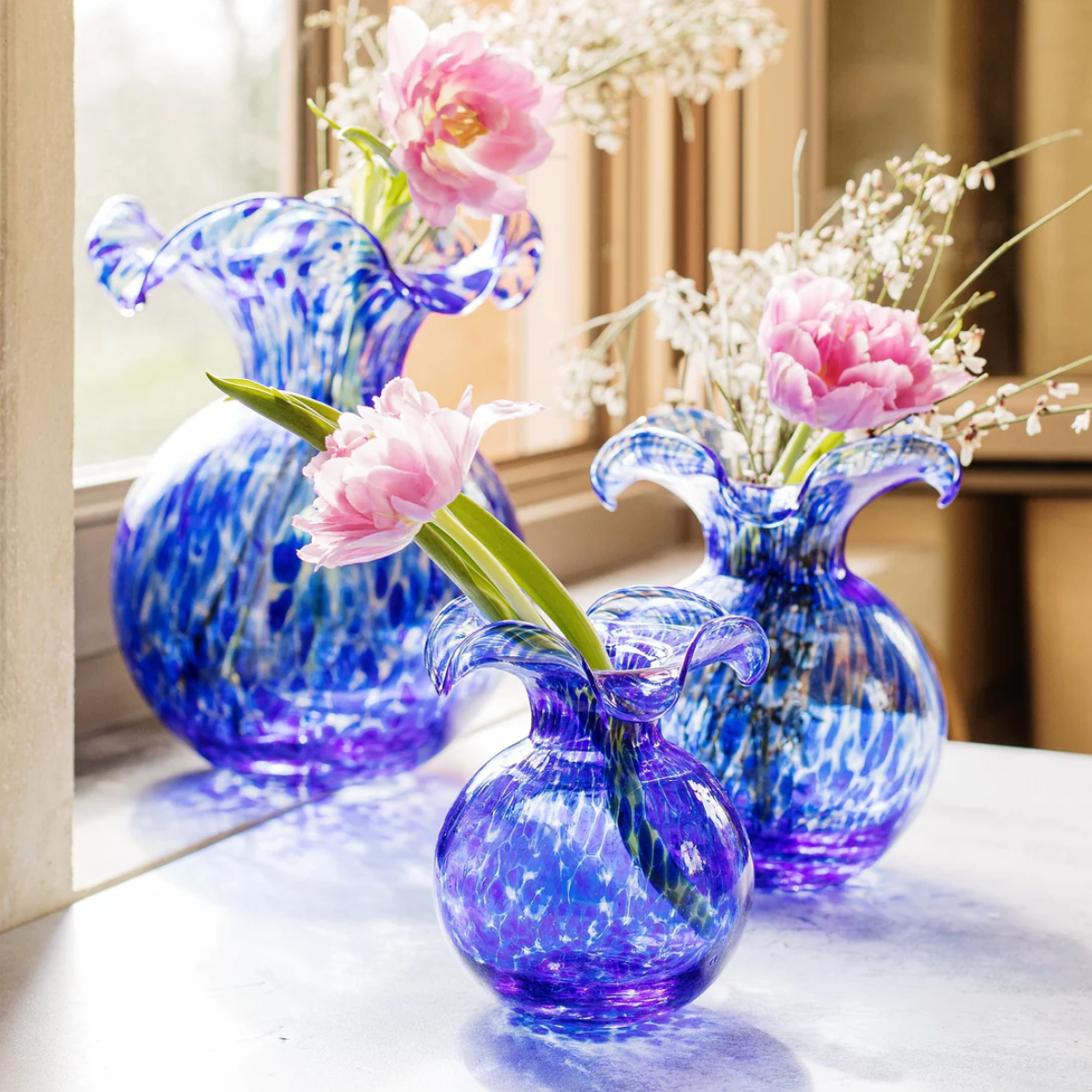 VIETRI Hibiscus Cobalt Tortoiseshell Glass Vase, Large