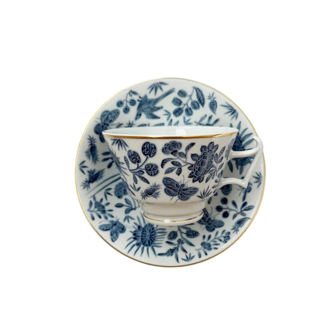 Mottahedeh Sacred Bird & Butterfly Blue Tea Cup & Saucer
