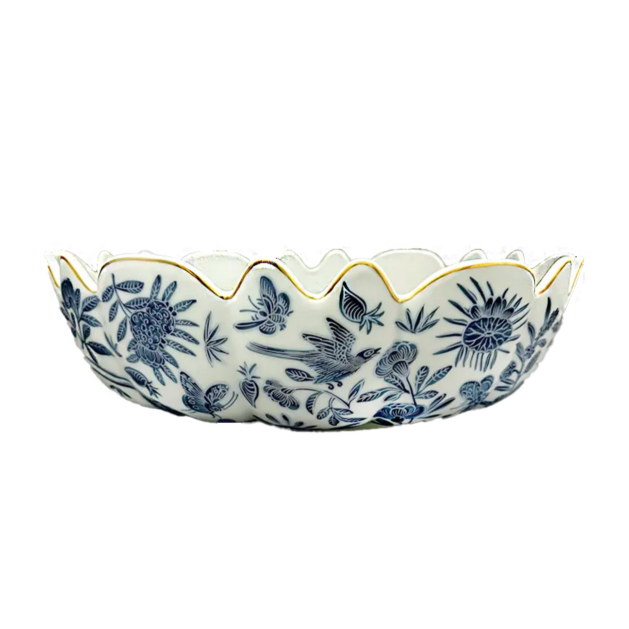 Mottahedeh Sacred Bird & Butterfly Blue Scalloped Bowl