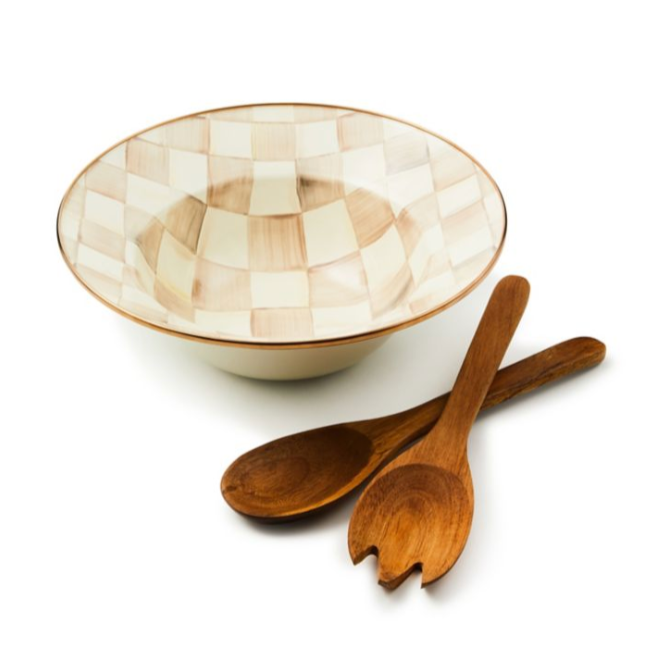 MacKenzie Childs Mocha Check Enamel Salad Serving Set