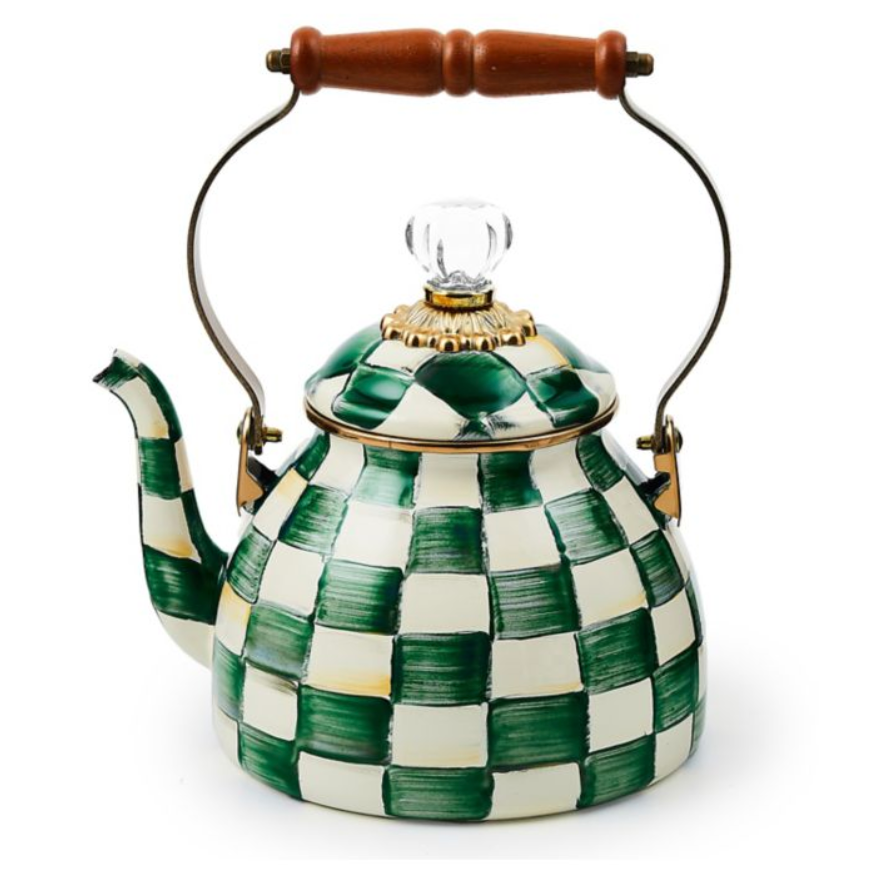 MacKenzie Childs Emerald Check Enamel Tea Kettle - 2 Quart