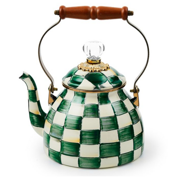 MacKenzie Childs Emerald Check Enamel Tea Kettle - 2 Quart