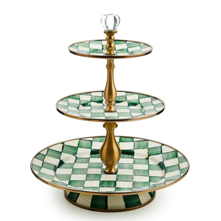 MacKenzie Childs Emerald Check Enamel Three Tier Sweet Stand