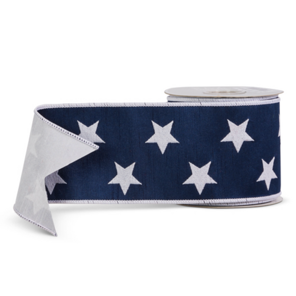 Wide Navy & White Stared Wired Ribbon