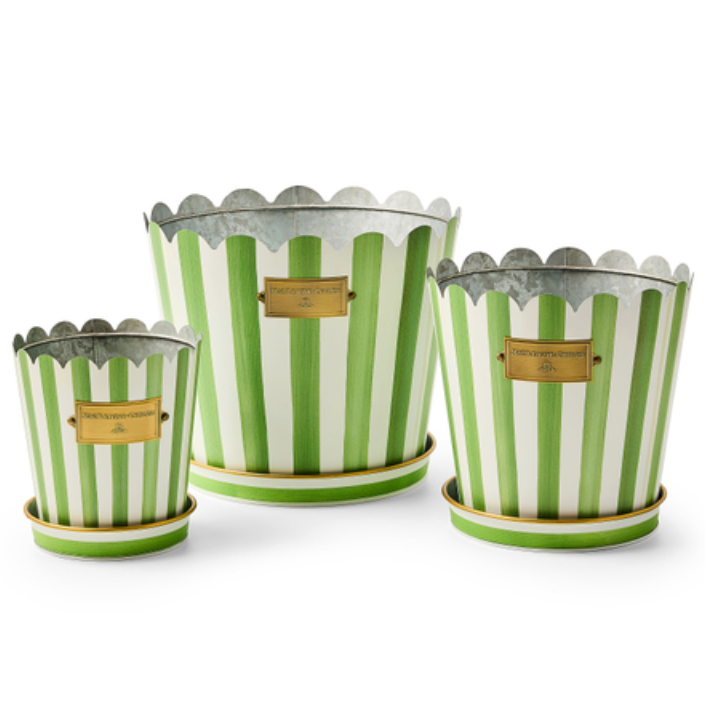 metal plant pot saucers MacKenzie Childs Grass Green Stripe Pot with Saucer – Waiting On Martha