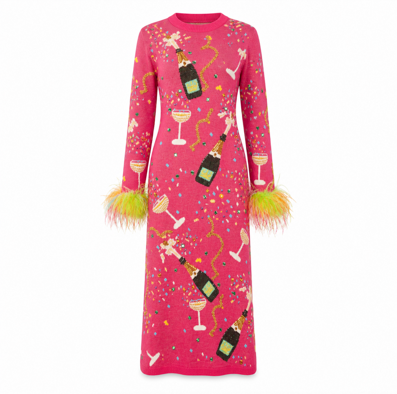 Queen of Sparkles Hot Pink Popping Champagne Bottle & Coupe Feather Sleeve Midi Dress
