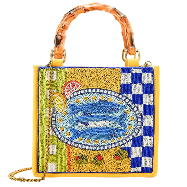 Olive A Sardine Hand Beaded Bag with Bamboo Handles