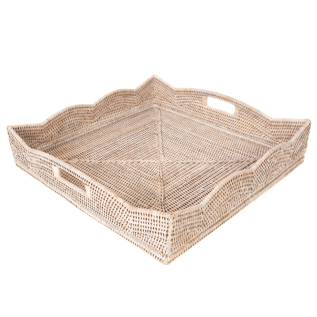 White Wash Rattan Scalloped Square Tray, Large