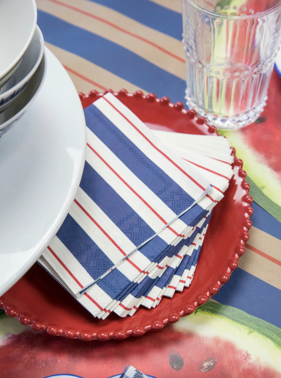 Navy & Red Awning Stripe Cocktail Paper Napkins, Set of 20