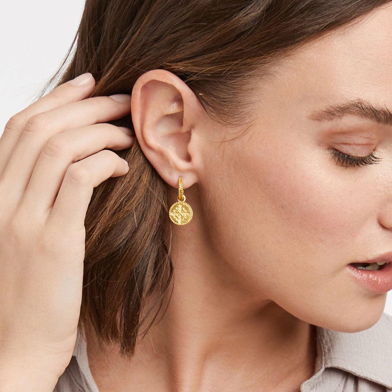 Julie Vos Fleur de Lis Hoop & Charm Earring, Pave Cubic Zirconia
