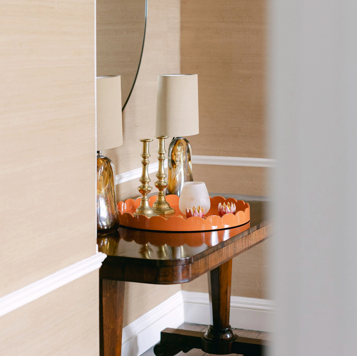 Orange Round Lacquered Scalloped Tray