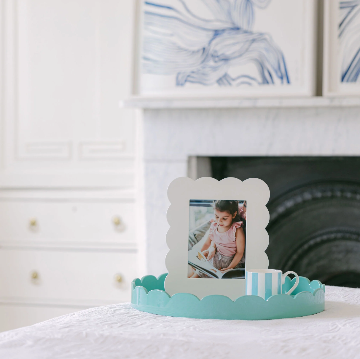 Turquoise Round Lacquered Scalloped Tray