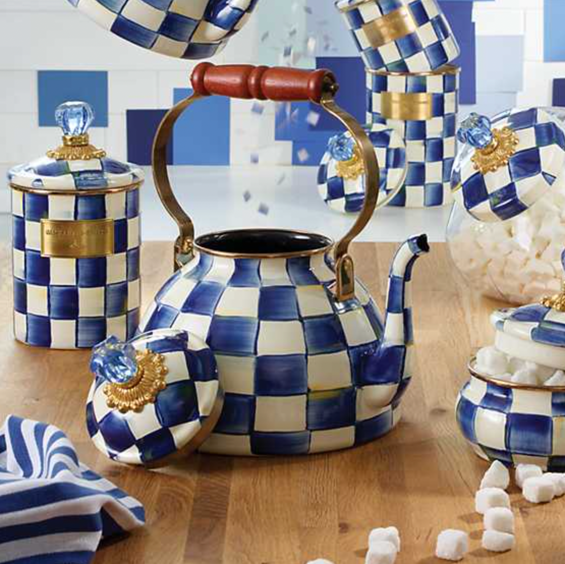 MacKenzie Childs Royal Check Enamel Tea Kettle - 3 Quart