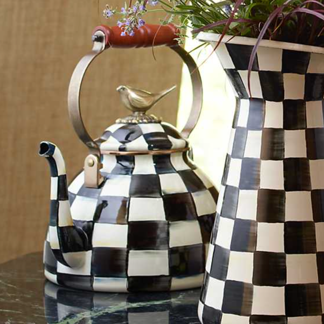 MacKenzie Childs Courtly Check Enamel Tea Kettle with Bird - 3 Quart