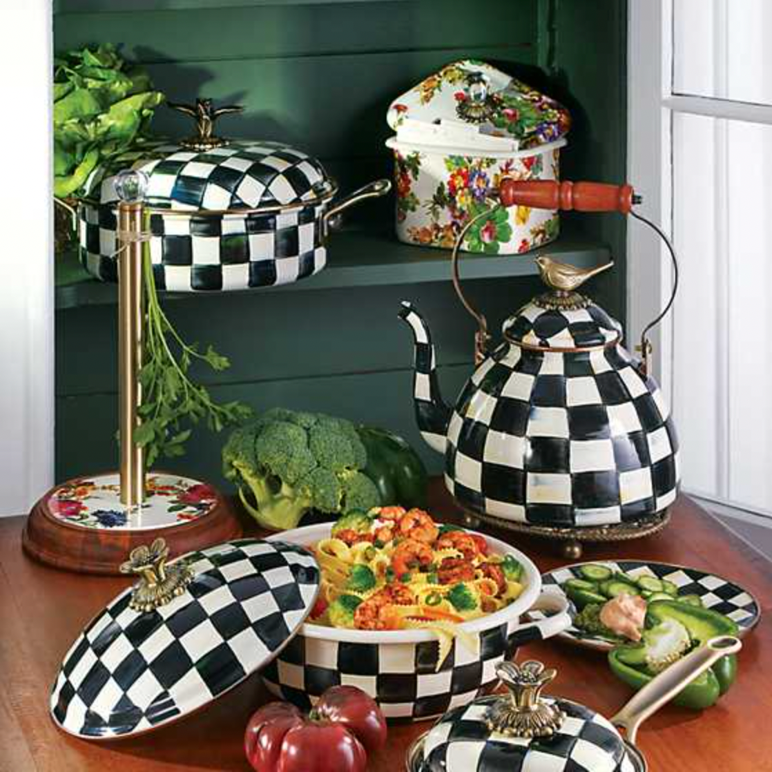 MacKenzie Childs Courtly Check Enamel Tea Kettle with Bird - 3 Quart