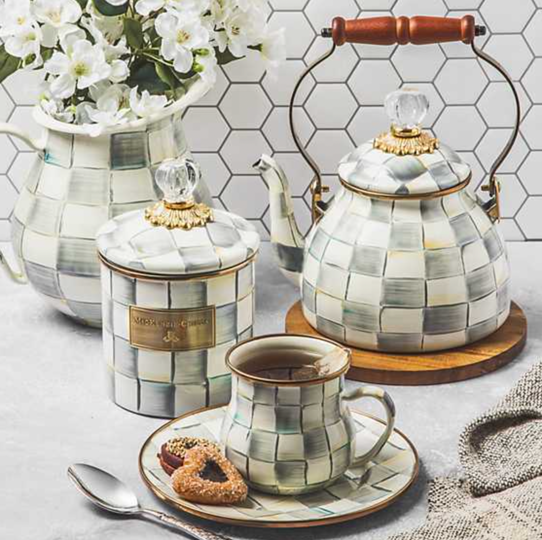 MacKenzie Childs Sterling Check Enamel Tea Kettle - 2 Quart