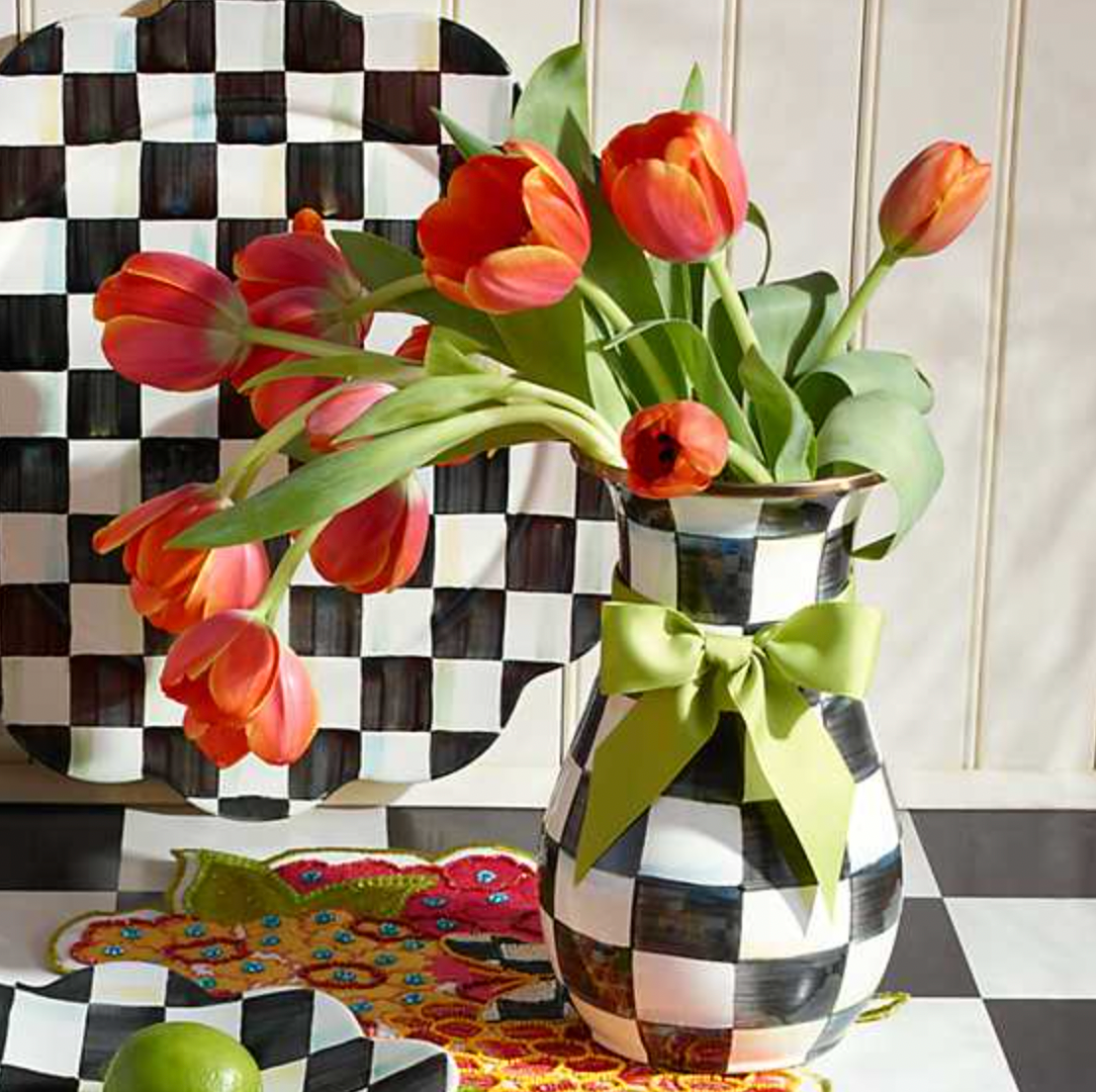 MacKenzie Childs Tall Courtly Check Enamel Vase