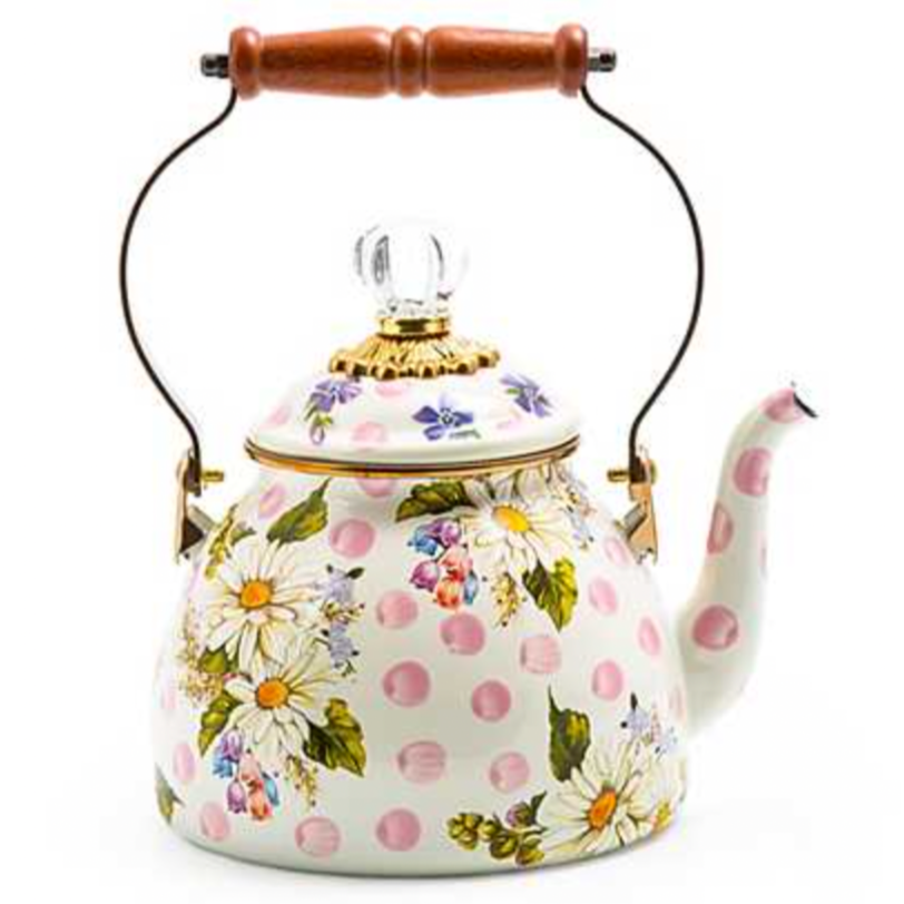 MacKenzie-Childs Wildflowers Enamel 2 Quart Tea Kettle - Pink