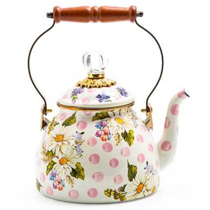 MacKenzie Childs Pink Wildflowers Enamel Tea Kettle - 2 Quart