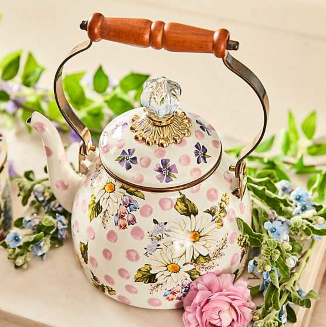 MacKenzie Childs Pink Wildflowers Enamel Tea Kettle - 2 Quart