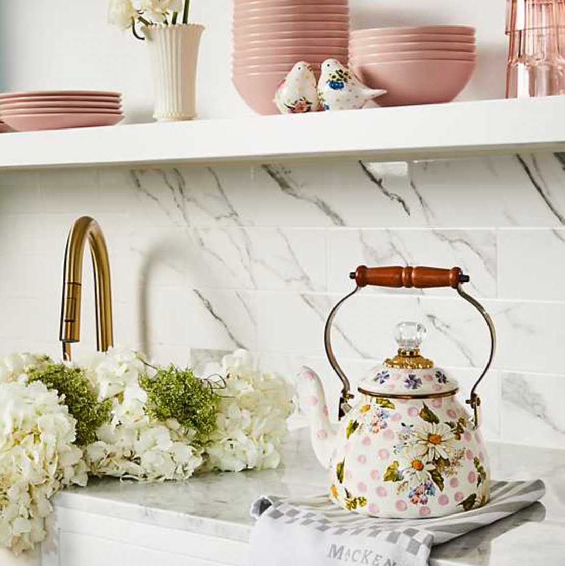 MacKenzie Childs Pink Wildflowers Enamel Tea Kettle - 2 Quart