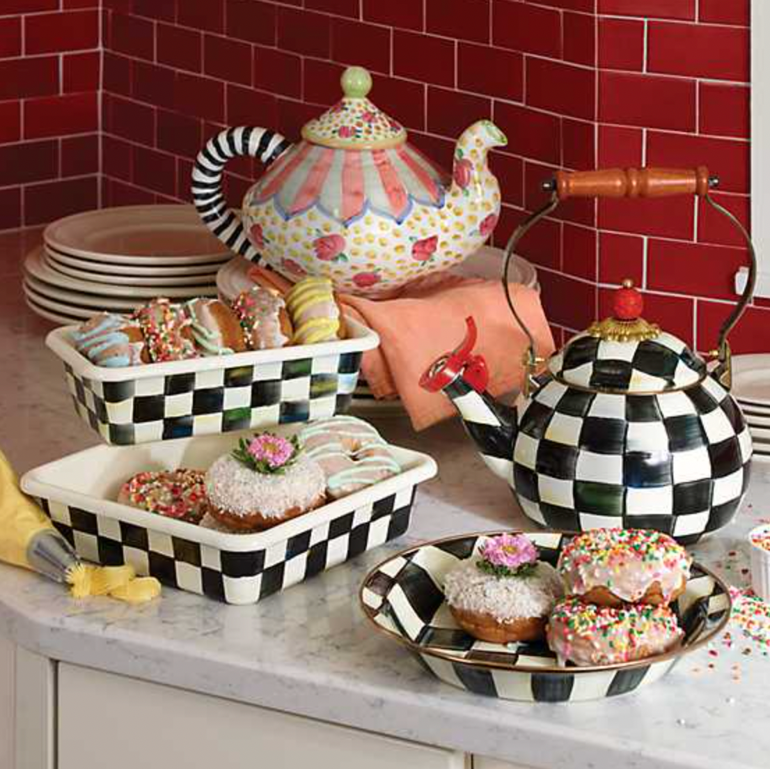 MacKenzie Childs Courtly Check Enamel Whistling Tea Kettle