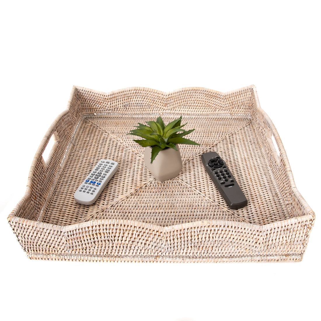 White Wash Rattan Scallop Square Tray, Small